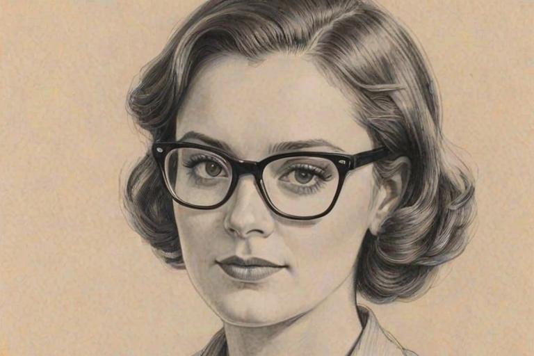 Sublime Charlotte Ritchie, pencil sketch, portrait of Splendid woman 1955s in glasses, hair style beatnik, outline, clear lines, fine lines, 8k