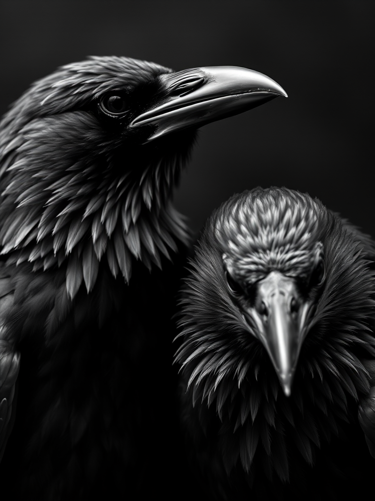 a close-up black and white photograph of two ravens with intricate feather details and sharp beaks, set against a blurred dark background