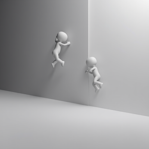 3D render of two simple humanoid figures in a minimalist setting, one figure climbing a wall supported by another, soft lighting, high resolution, 50mm lens, f/8 aperture, ISO 100, professional DSLR camera, shot from eye level.