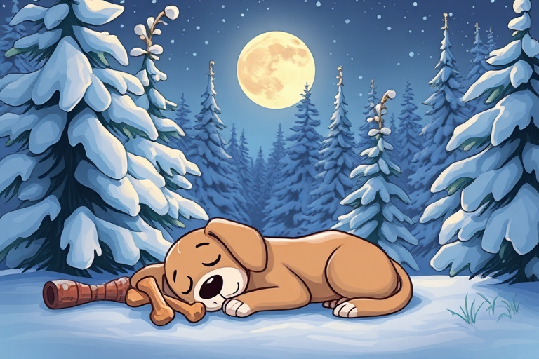 A cozy winter scene featuring a sleeping cartoon dog dreaming of bones, surrounded by snow-covered pine trees and a serene moonlit backdrop, captured with a DSLR camera at f/2.8, ISO 100, 50mm lens, with a soft focus effect to enhance the dreamy atmosphere.