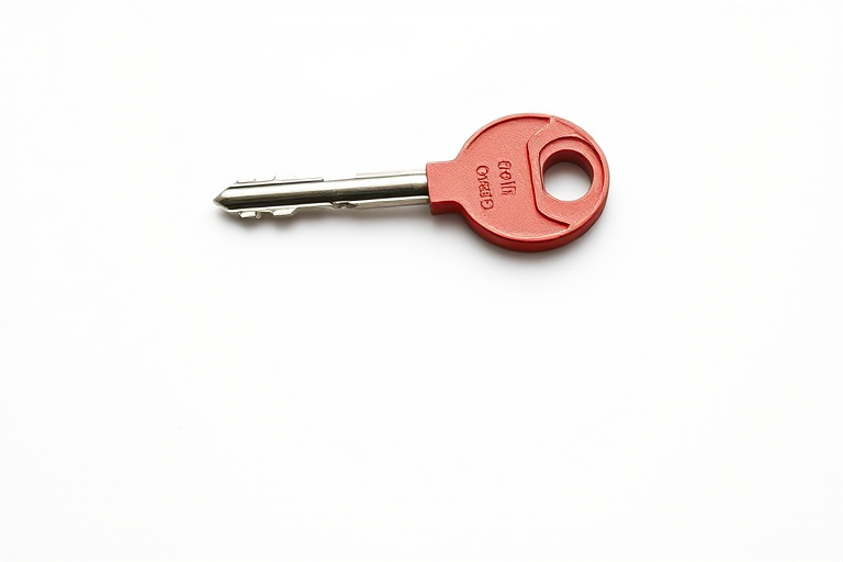 Create a high-resolution image of a red key on a plain white background, captured with a DSLR camera at f/2.8 aperture, ISO 100, and a 50mm lens, using a shallow depth of field for added focus and clarity.