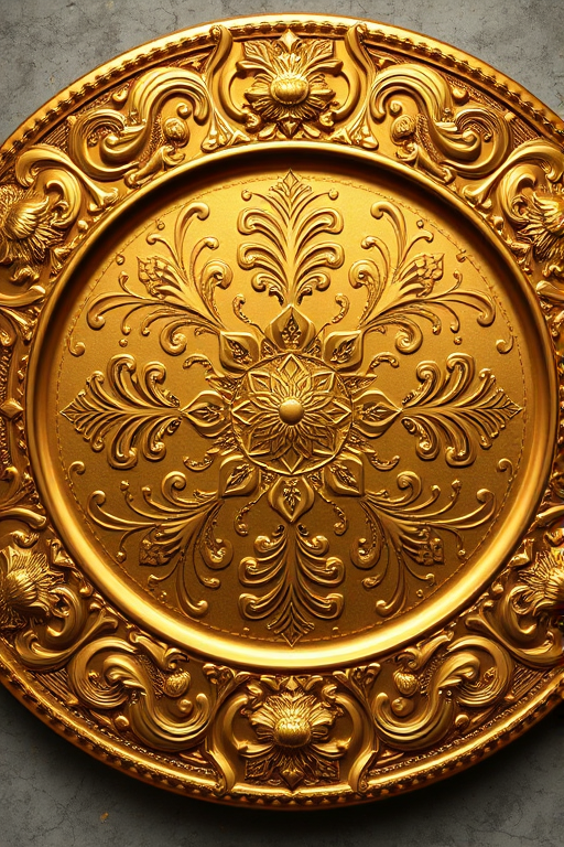 create a highly detailed digital illustration of an ornate golden plate with intricate floral patterns, focus on the texture and reflections, use a Canon EOS R5 camera with a 50mm lens at f/1.8, 1/125 sec shutter speed, ISO 100, top-down view, soft diffused lighting for an elegant look