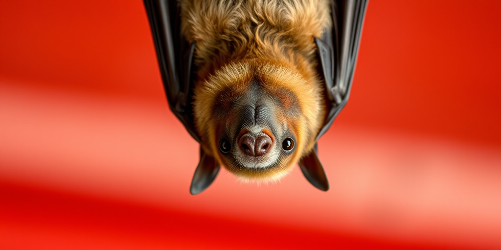 Regenerate the image of a bat hanging upside down, with a shallow depth of field, using a DSLR camera with a 50mm lens, aperture set to f/2.8, ISO 400, natural lighting, and a focus on the bat's facial features against a blurred red background.