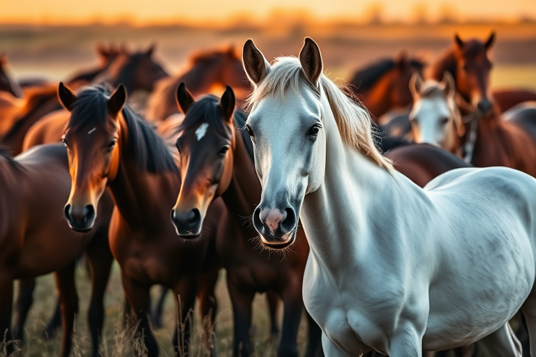 High-resolution image of a herd of horses in a natural setting with one white horse prominently featured among brown horses, taken with a Canon EOS 5D Mark IV, 50mm lens, f/2.8 aperture, ISO 400, natural light during golden hour, shallow depth of field for a blurred background effect.
