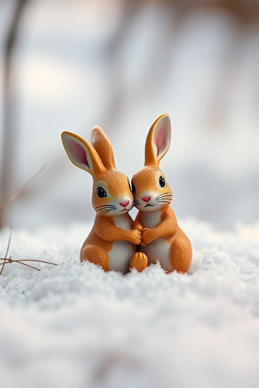 capture two rabbit figurines nestled together on a snowy surface with a macro lens, f/2.8 aperture, ISO 100, 50mm focal length, natural light, shallow depth of field for enhanced focus on details and soft background blur