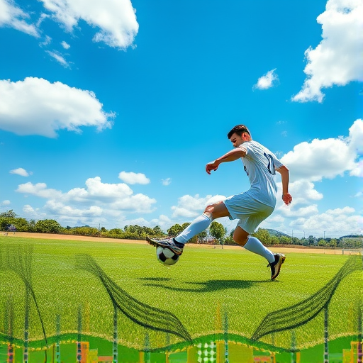 A dynamic shot of a soccer player in white uniform kicking a black and white soccer ball on a well-maintained green field under a bright blue sky with fluffy clouds, captured with a Canon EOS R5 camera, 50mm lens, aperture f/1.8, shutter speed 1/500s, ISO 100, in a slightly low-angle shot to emphasize action and depth.