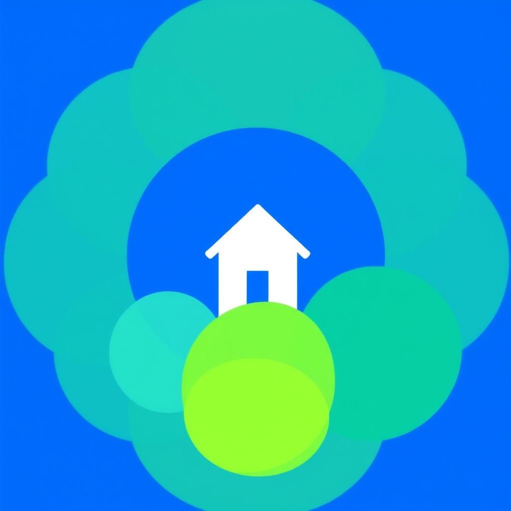 create a vivid digital illustration of a minimalist house icon centered in a deep blue circle, surrounded by various overlapping circles in soft green and teal shades, use a high resolution of 300 DPI, shot from a frontal view with a clean and bright style, simulated with a DSLR camera type, aperture set to f/2.8 for depth of field.
