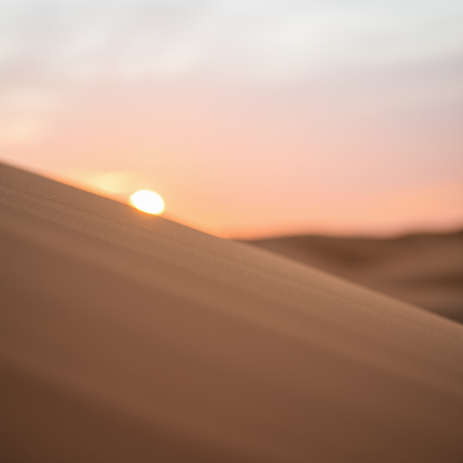 capture a close-up of a sand dune at sunset with soft lighting, using a DSLR camera, 50mm lens, aperture f/2.8, ISO 100, and a shallow depth of field for enhanced texture and detail
