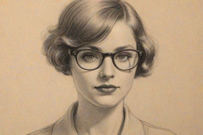 Charming Gillian Vigman, pencil sketch, portrait of Appealing woman 1928s in glasses, hair style beatnik, outline, clear lines, fine lines, 8k