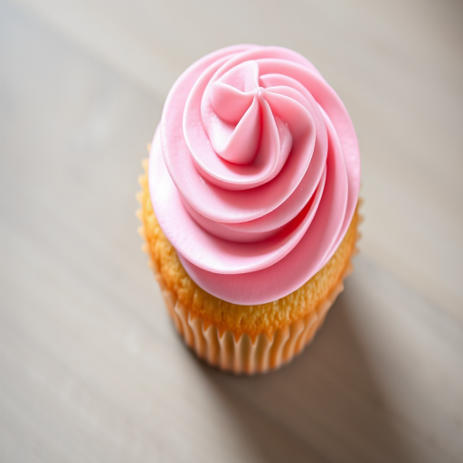 A realistic digital illustration of a cupcake with pink swirled frosting, captured using a Canon EOS R5 camera, 50mm lens, f/2.8 aperture, ISO 100, in soft natural light, top-down view for enhanced detail and texture.
