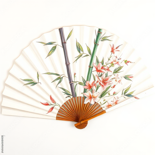 create a detailed painting of bamboo and flowers on a traditional fan shape, using soft watercolor techniques and natural colors, captured with a DSLR camera at f/2.8 aperture, ISO 100, 50mm lens, in a soft diffused light setting to enhance the texture and vibrancy of the artwork