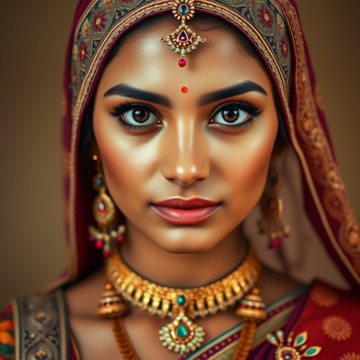 Create a portrait of a beautiful Indian woman with striking black eyes and a gentle expression. She is adorned in traditional attire with intricate patterns, including a richly embroidered headscarf and matching garments. Her jewelry includes a delicate headpiece, dangling earrings, and ornate bracelets, all featuring vibrant gemstones and detailed metalwork. The background is soft and warm, enhancing the rich colors of her outfit and jewelry.