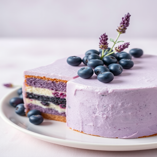 A beautifully crafted cake with layers of purple and creamy textures topped with fresh blueberries and a sprig of lavender, elegantly displayed on a white plate with a soft background.