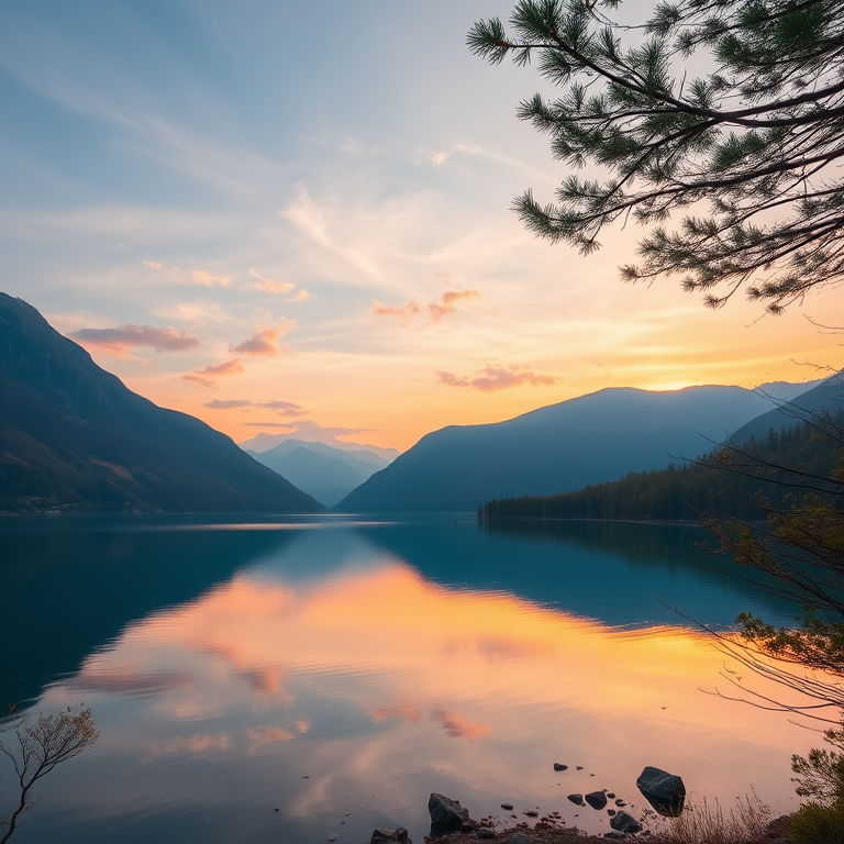 Create a high-resolution image of a tranquil nature scene featuring a serene lake surrounded by mountains during sunset, using a DSLR camera with a 50mm lens, aperture set to f/2.8, ISO 100, shutter speed 1/125s, in landscape orientation for enhanced image quality.