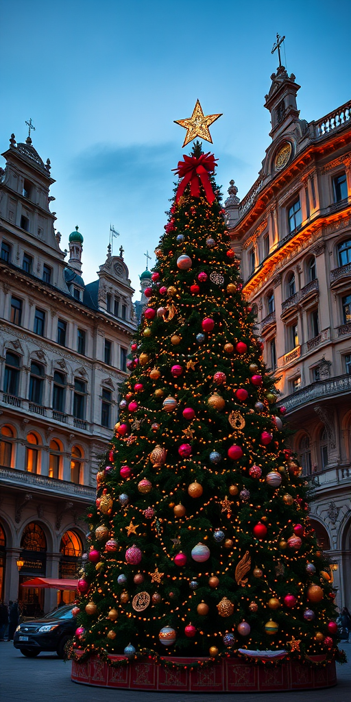 Create an image of a beautifully decorated Christmas tree in a vibrant city square. The tree should be adorned with colorful ornaments and twinkling lights. Surrounding the tree, there are elegant historic buildings with intricate architecture, illuminated by warm golden lights. The sky is a soft blue, indicating twilight, adding to the festive atmosphere.