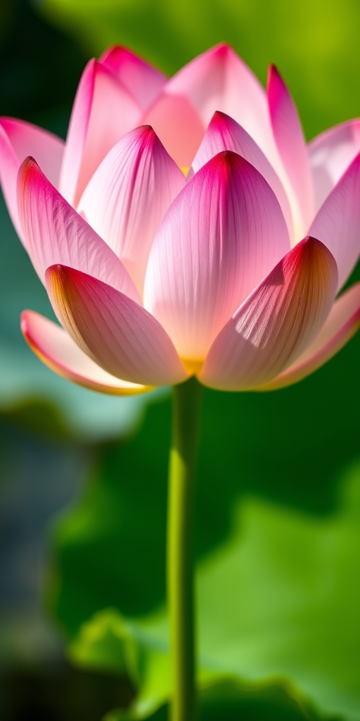 Capture a close-up of a pink lotus flower in full bloom, with vibrant green leaves in the background, using a Canon EOS 90D with a 100mm f/2.8 macro lens, aperture set to f/4, ISO 100, shutter speed of 1/200s, natural lighting, shallow depth of field, and a slight bokeh effect for a soft background.