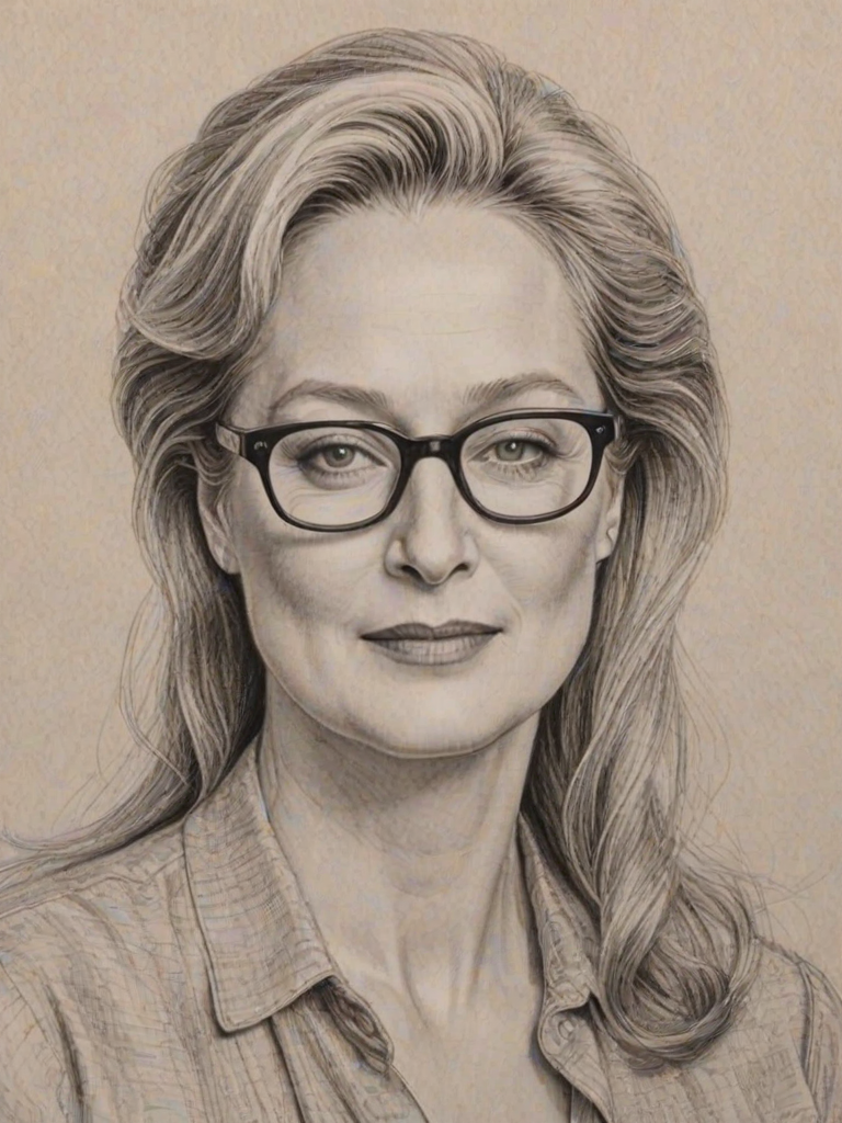 Stunning Meryl Streep, pencil sketch, portrait of Enchanting woman 1977s in glasses, hair style beatnik, outline, clear lines, fine lines, 8k