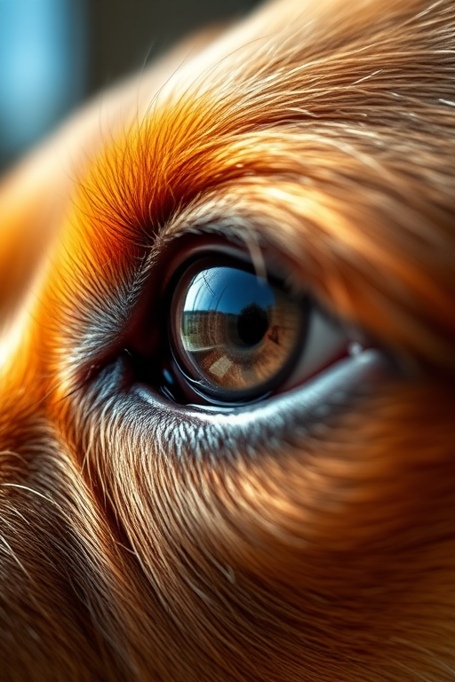 Close-up shot of a dog's eye, capturing fine details of fur and reflection, natural lighting, aperture f/2.8, shutter speed 1/250s, ISO 100, macro lens, DSLR camera, shallow depth of field to emphasize the eye and texture of fur.