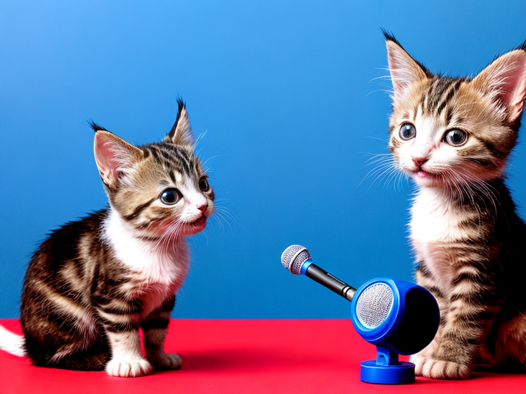 Kitten singing into microphone in a red and blue room