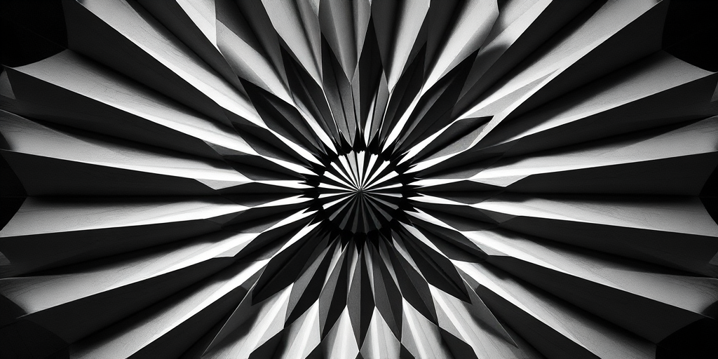 create an explosion of geometric shapes radiating outwards in high contrast black and white, captured with a DSLR camera using a 50mm lens at f/4, ISO 100, shutter speed 1/200s, in a top-down view with a sharp focus and crisp details