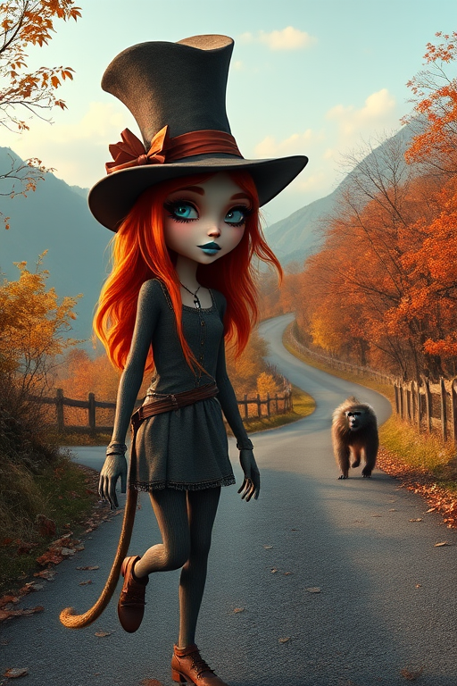 digital art fantasy depicting a strange girl with orange hair, long eyelashes, cyan lipstick and a tall hat walking along a winding road on an autumn afternoon, an Baboon smiles as she passes