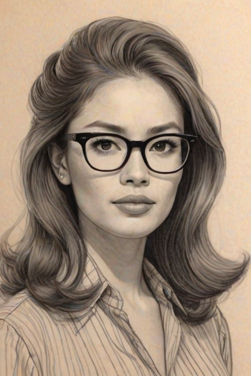 Gorgeous Ginger Gonzaga, pencil sketch, portrait of Gorgeous woman 1959s in glasses, hair style beatnik, outline, clear lines, fine lines, 8k