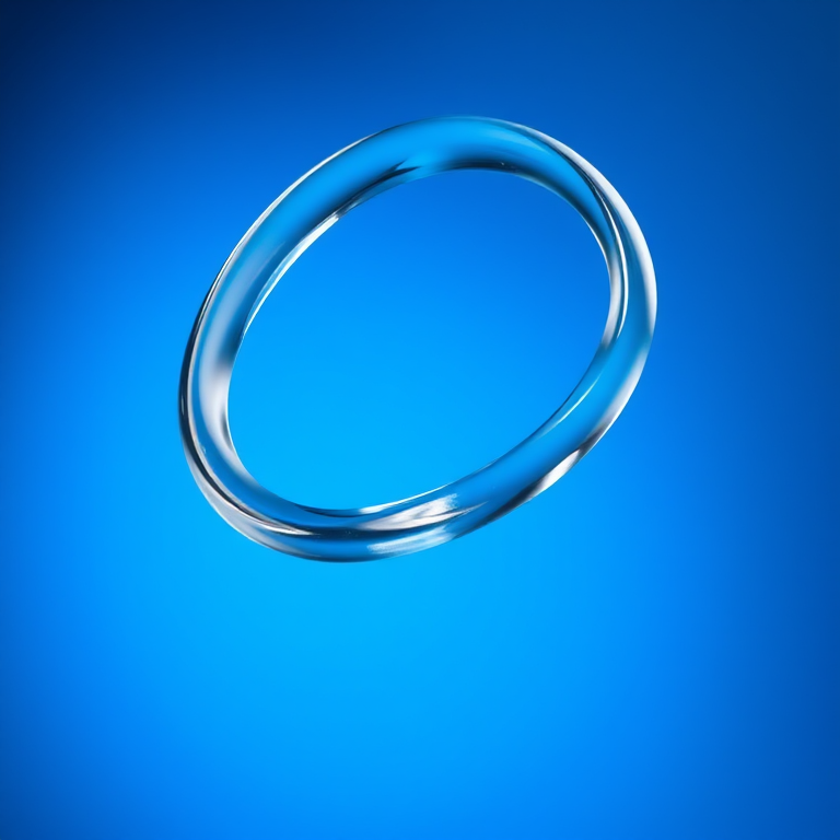 Create a high-resolution image of two glass-like curves interweaving against a gradient blue background with soft bokeh effects, using a DSLR camera at f/2.8 aperture, 50mm lens, ISO 100, and a shallow depth of field for artistic blur on the edges.