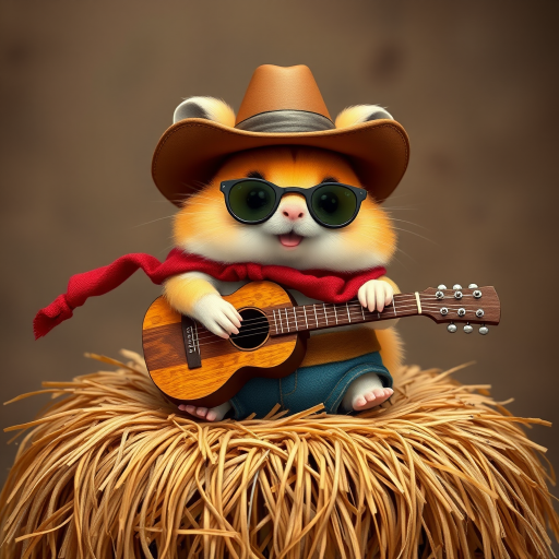 A chibi hamster, dressed as a cowboy, playing guitar, sitting on a hay bale