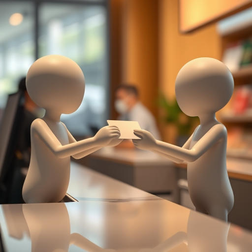 Generate an image of two stylized human figures at a counter, one figure handing a card to the other, with high resolution 4K quality, f/2.8 aperture, 50mm lens, natural lighting, and a shallow depth of field.
