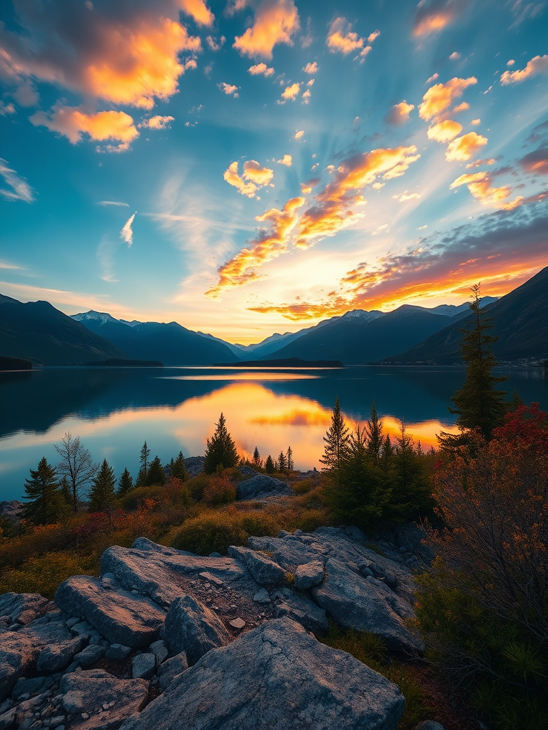 Create a vibrant landscape of a serene lake at sunset, with mountains in the background, captured with a Canon EOS R5 using a 24-70mm f/2.8 lens, at f/8, ISO 100, with a wide-angle view and HDR imaging for enhanced details and colors.
