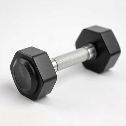 Regenerate a high-resolution image of a black dumbbell on a plain white background, using a DSLR camera with a 50mm lens, aperture set to f/2.8, ISO 100, and a shallow depth of field to enhance the focus on the dumbbell, with soft lighting and a slight shadow for depth.