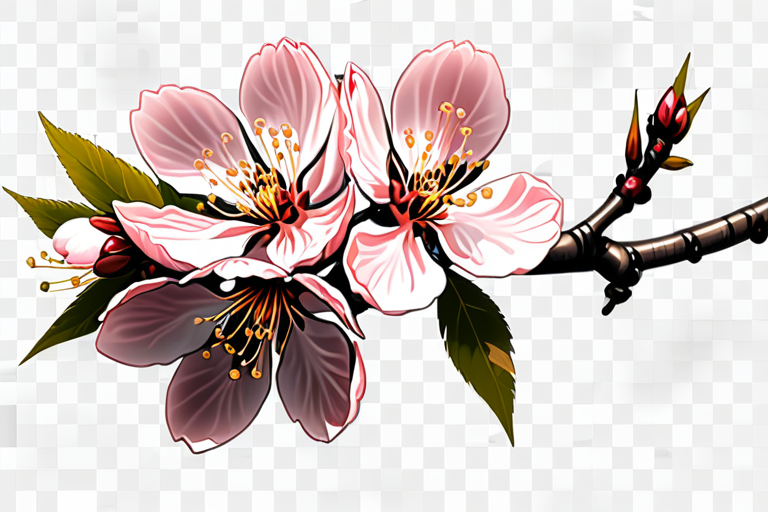 Beautiful Cherry Blossom Branch with Delicate Pink Flowers and Green Leaves