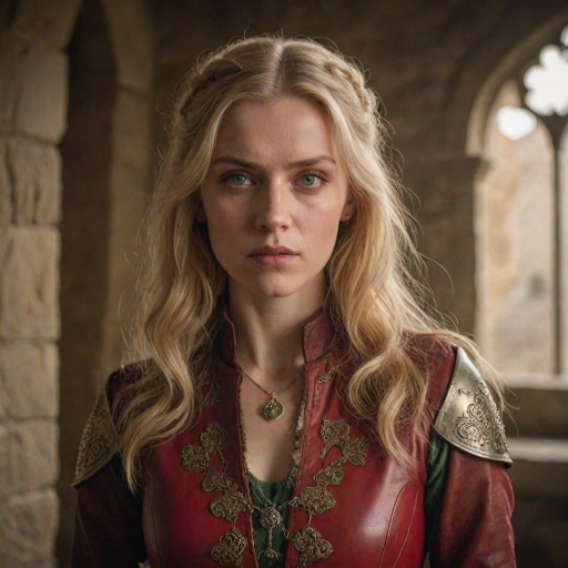 Woman with blonde hair, serious look, very light green-yellow eyes, warm side light, metallic pendant, very ornamental red leather clothes, medieval castle interior background