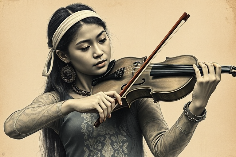 a young Maori woman with a white headband playing a violin, in the style of a charcoal drawing, sepia grunge background