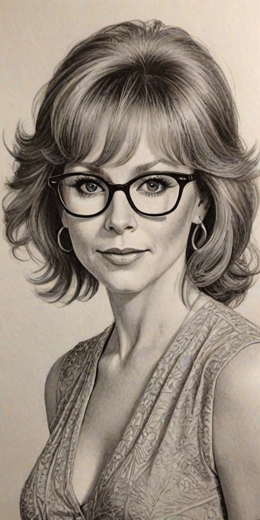 Lovely Reba McEntire, pencil sketch, portrait of Enticing woman 1971s in glasses, hair style beatnik, outline, clear lines, fine lines, 8k