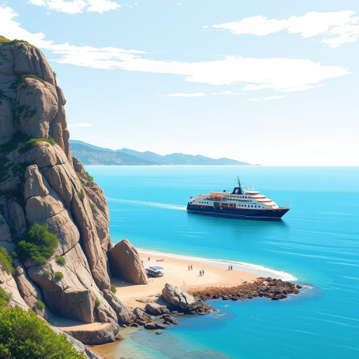 Create a vibrant vector-style illustration of a scenic coastal landscape featuring a large ferry boat near rocky cliffs and a small beach with people, using a soft color palette and sharp lines, shot with a DSLR camera at f/8 aperture, 35mm lens, in bright daylight to enhance details and colors.