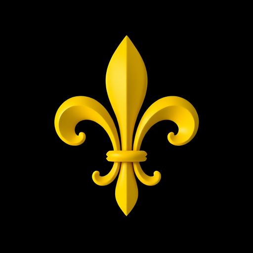 Create a high-resolution image of a yellow fleur-de-lis on a solid black background, captured with a DSLR camera at f/2.8, 50mm focal length, ISO 100, using a shallow depth of field for a striking contrast and enhanced detail.