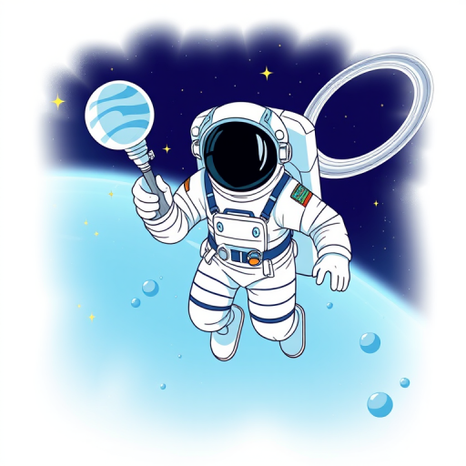 Create a detailed vector illustration of an astronaut in space holding a space tool, surrounded by stars and a planet with rings, using a high-resolution DSLR camera, f/8 aperture, 1/125 shutter speed, 24mm lens, in a bright, illuminated setting to enhance contrast and clarity.