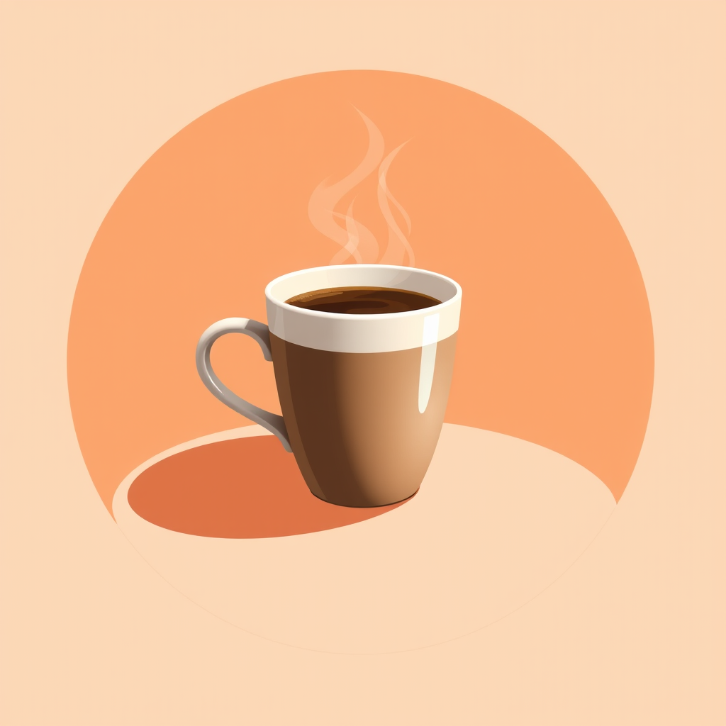 Create a high-resolution digital illustration of a coffee cup with steam rising, centered on a circular peach-colored background, with soft shadows, using a DSLR camera at f/2.8 aperture, 50mm lens, natural lighting, and a shallow depth of field for a warm, inviting atmosphere.