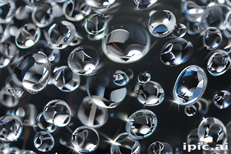 Close-Up of Shimmering Water Droplets Reflecting Light on a Dark Surface