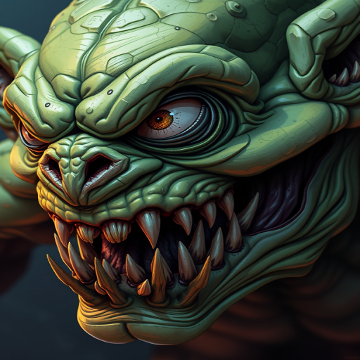 Create a highly detailed illustration of a grotesque green creature with sharp teeth and an eye on its forehead, using a Canon EOS R5, 50mm lens, f/1.8 aperture, and a shallow depth of field to enhance focus on the creature's features, with a vibrant color palette and dramatic lighting to emphasize texture and expression.