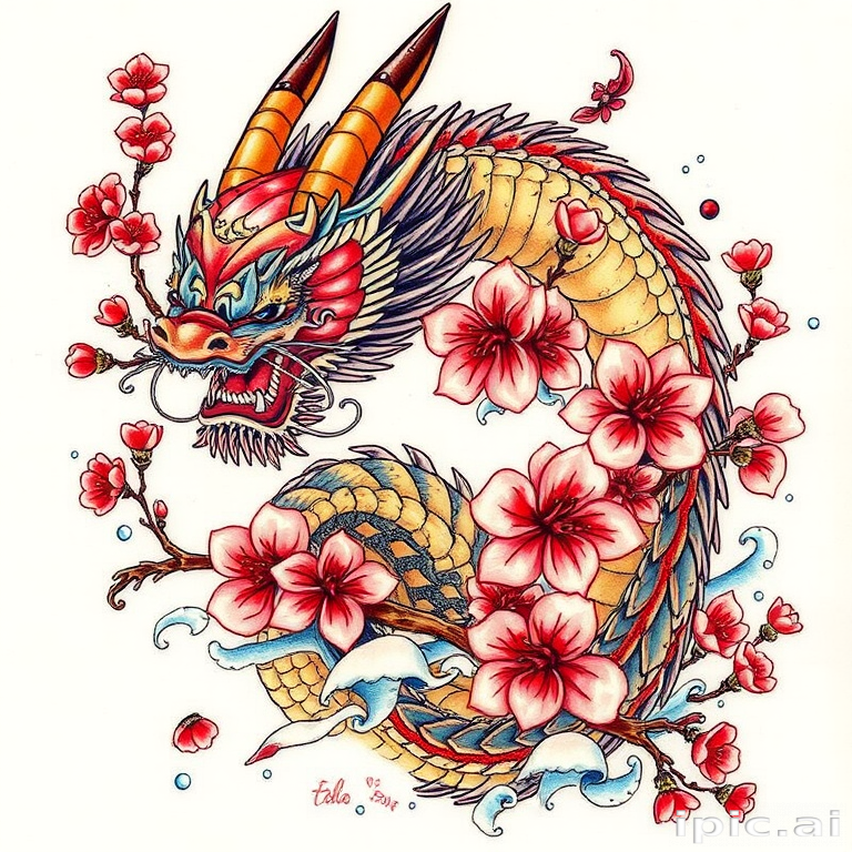 Japanese-inspired irezumi tattoo depicting a fierce dragon wrapped around cherry blossoms, featuring vibrant colors and flowing water elements, known as "Dragon's Embrace"