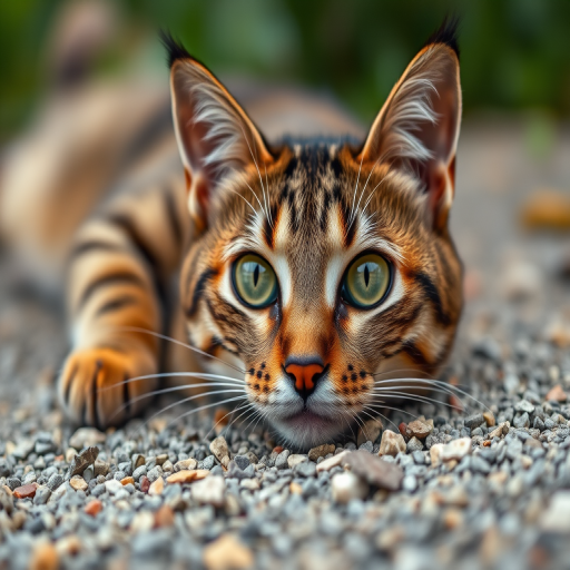 Regenerate the image of a tabby cat lying on gravel with vivid green eyes, using a Canon EOS 5D Mark IV camera, f/2.8 aperture, 1/400 sec shutter speed, ISO 100, taken from a low angle view with a shallow depth of field for enhanced focus on the cat.