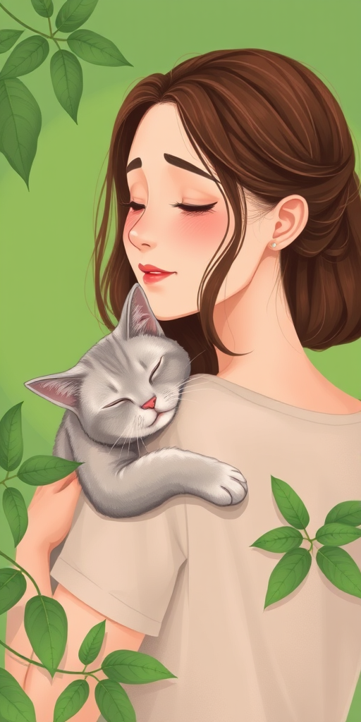 A digital illustration of a woman with medium brown hair looking affectionately at a light gray cat resting on her shoulder, surrounded by green leaves and a circular green background, using a soft color palette, captured in high resolution with a Canon EOS R5, 35mm lens, f/1.8, ISO 100, natural light for soft shadows.