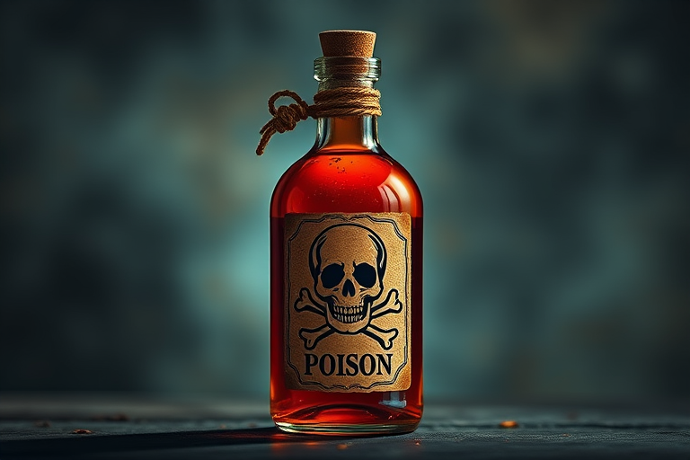 Create an illustration of a poison bottle with a skull and crossbones label, using a Canon EOS 5D Mark IV, 50mm lens, f/1.8 aperture, and 1/125s shutter speed, with a soft focus background to enhance the bottle's details and colors.