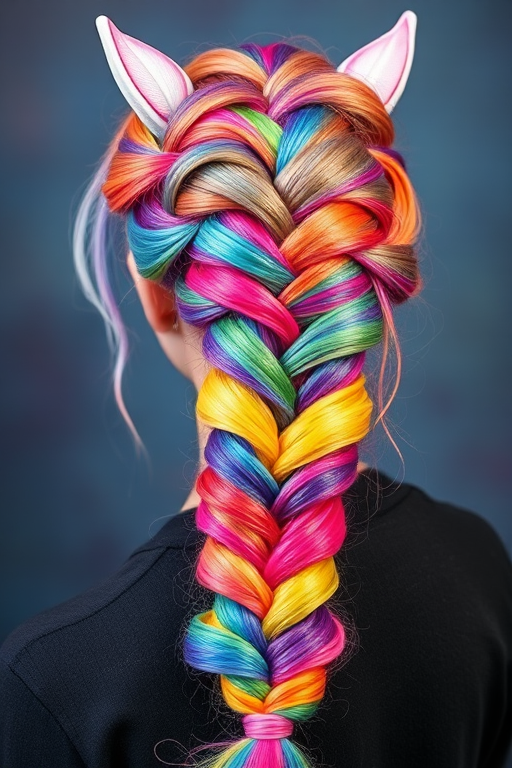 Whimsical rainbow unicorn braid incorporating every color of the spectrum, creating a magical and fantastical look, titled "Prismatic Dream"
