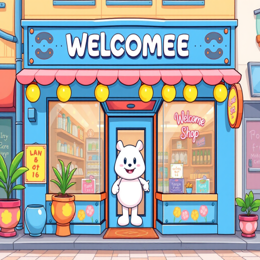 Illustration of a cartoon-style shop with a welcoming character at the door, bright colors, vibrant design, high resolution, shot at a wide-angle view, using a digital camera with a 50mm lens, f/8 aperture, ISO 200, and natural lighting for a sharp and clear appearance.