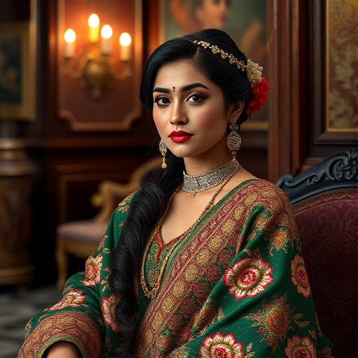 A beautiful Pakistani woman in traditional East Asian attire, intricately detailed with embroidered patterns, sitting gracefully in a richly decorated room, soft ambient lighting, serene and elegant, ultra-realistic, 8K resolution