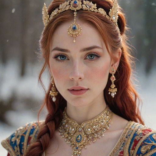 A young woman with long, flowing red hair, wearing a traditional, ornate red and blue costume with gold accents and intricate embroidery, stands facing the viewer in a close-up portrait. Her hair is styled in a high ponytail and adorned with a pair of golden, winged hairpieces. She wears gold earrings and her makeup is accented with light pink blush and a bright red lip. She has a soft and slightly melancholic expression, with her eyes looking directly at the camera. The background is a blurred, out-of-focus snowy landscape, with the woman in the foreground. The lighting is soft and natural, creating a warm, intimate atmosphere. The image is composed using a shallow depth of field, with the woman as the main focal point. The overall style is elegant, delicate, and fairytale-like.