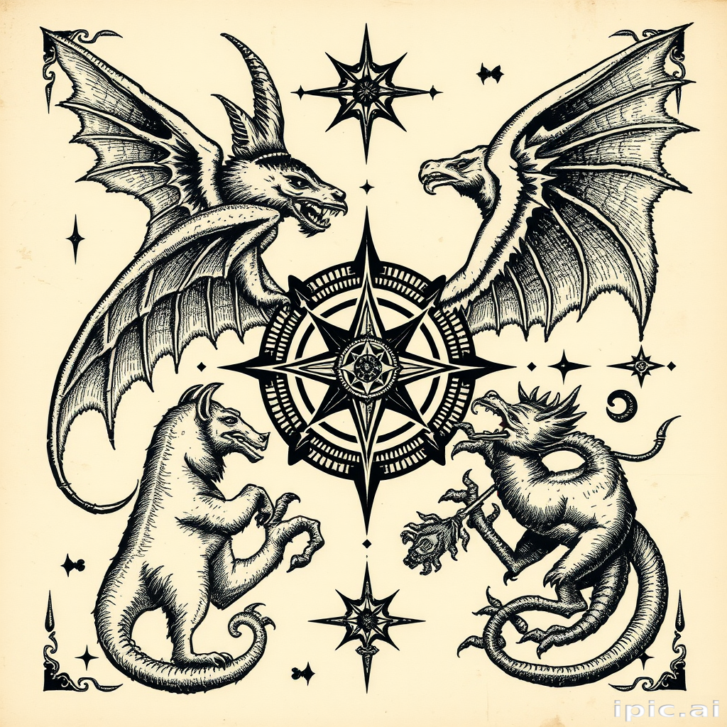 Vintage etching-inspired tattoo named "Timeworn Tales" with intricate linework and stippling to recreate the look of an antique illustration depicting mythological creatures and symbols